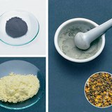 Iron powder (top), sulfur powder (bottom), and their mixture (right)