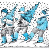 Három férfi karácsonyfát hoz a hegyről