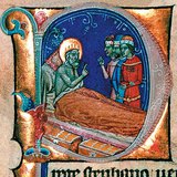 István király betegágyán beszél Vazul fiaival: Andrással, Bélával és Leventével