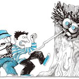 Két fiú bottal piszkál egy baglyot a fa odújában