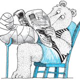 Törött lábú maci a szomszéd fiúval fölhozatott újságot olvassa