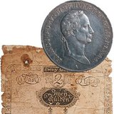 Austrian bill of exchange and silver coin with the portrait of Francis I