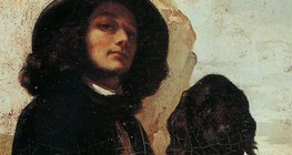 Курбе: "Автопортрет с черно куче" (1844, реализъм, детайл)