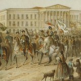 Kossuth kortesmenete 1847-ben a Nemzeti Múzeum előtt