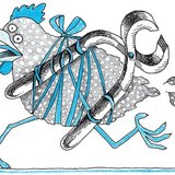 Gyöngytyúk, oldalára kötözött harapófogóval 